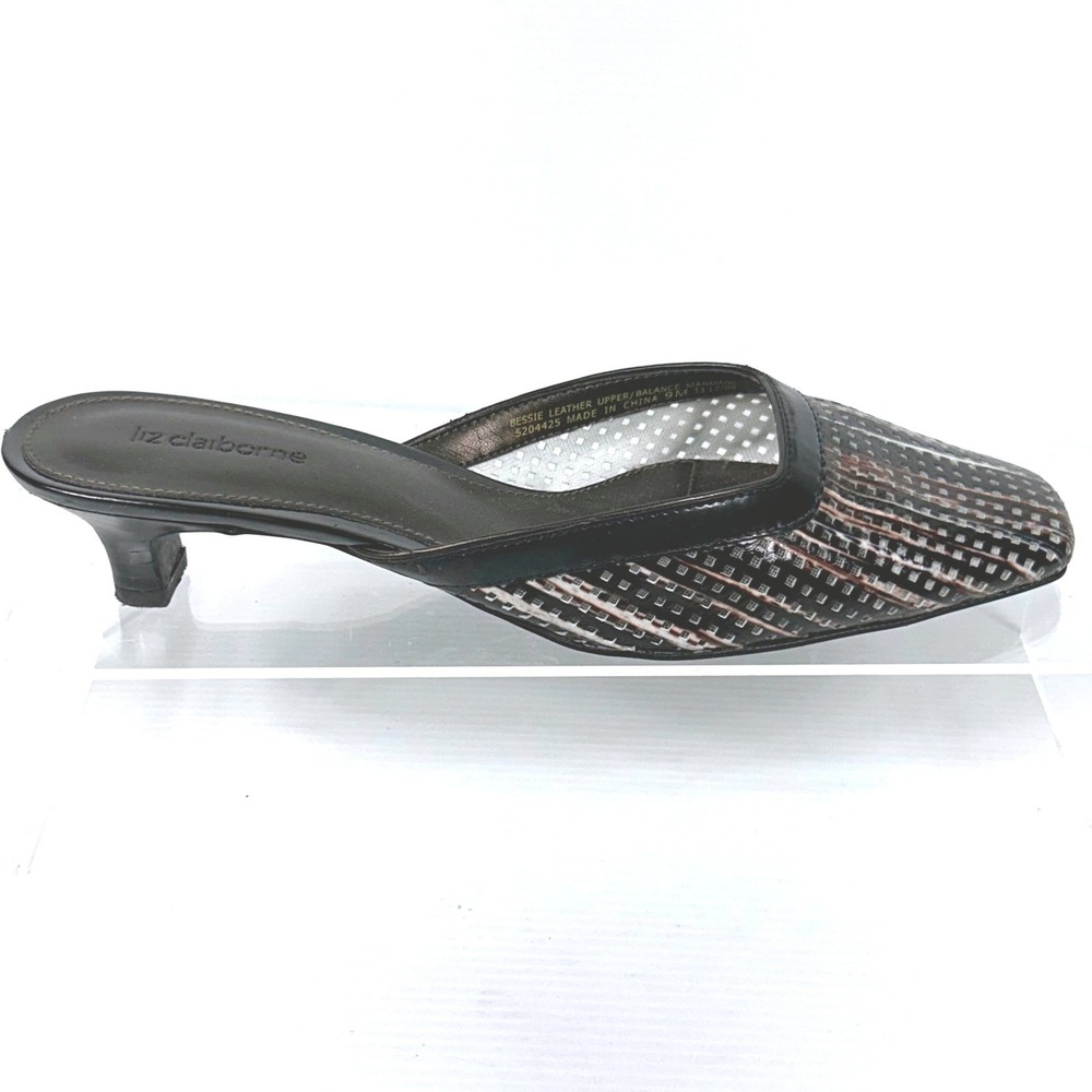 Liz Claiborne Size 9 Bessie Leather Mules Heels Square Toe Black Womens
